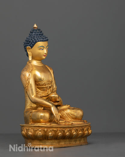 Side view of Artisan hand-carving process of Shakyamuni Buddha statue in Nepal