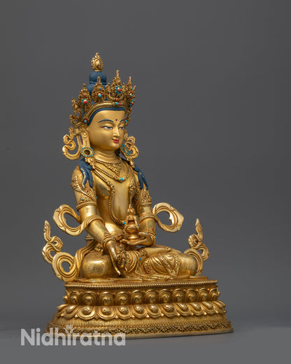 Side view of Bodhisattva Jizo Ksitigarbha statue holding chintamani on lotus pedestal
