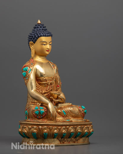 Side view of Buddha Shakyamuni holding patra bowl with disciples Shariputra and Maudgalyayana
