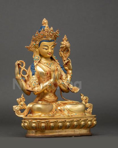 Side view of Chenrezig statue with lotus seat and detailed Nepalese craftsmanship