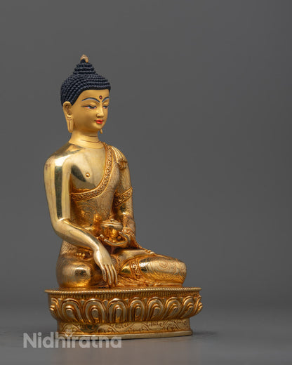 Side view of Complete Siddhartha Buddha sculpture on lotus base, featuring subdued deities