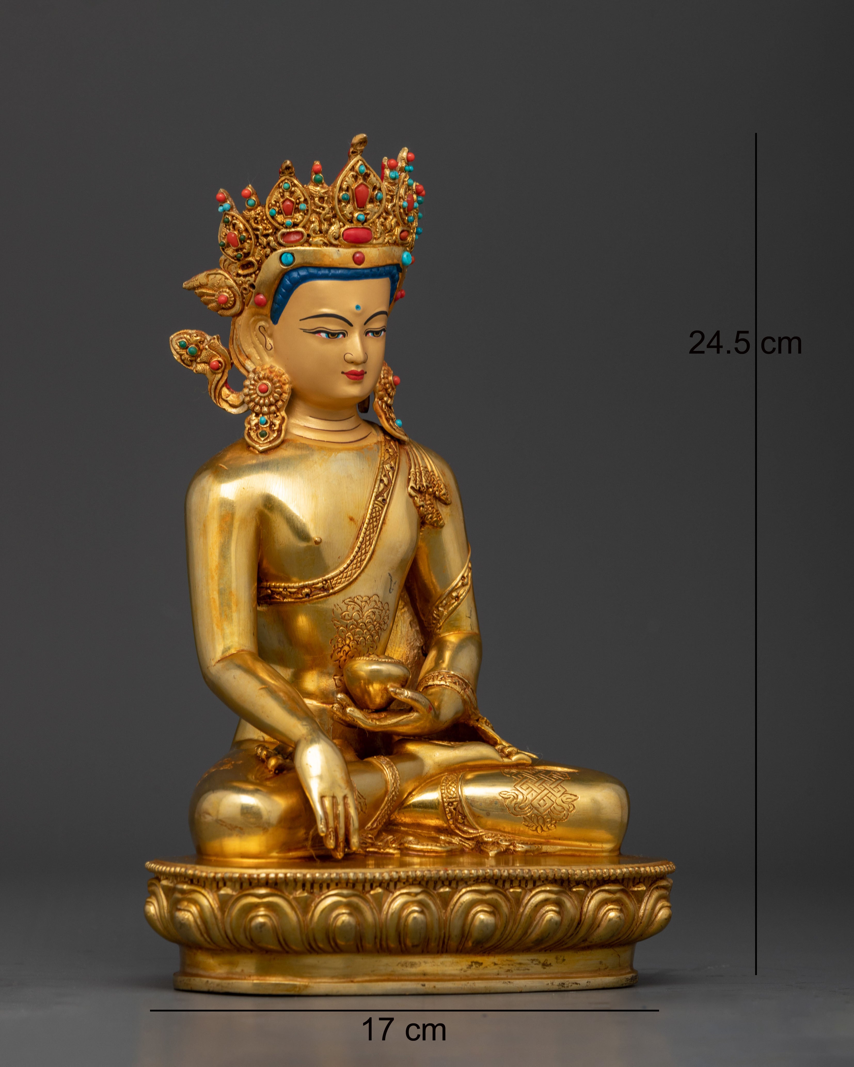 Side view of Crowned Shakyamuni Buddha seated on lotus throne holding monk’s bowl