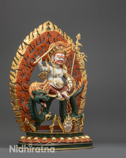 Side view of Dragon Kubera with hand-painted vibrant colors beneath White Dzambhala
