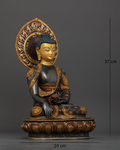 Side view of Enlightened Buddha sculpture seated on lotus throne with sacred adornments