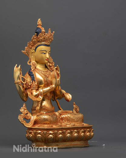Side view of Four-Armed Avalokiteshvara Statue highlighting copper craftsmanship and gilding
