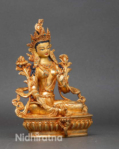 Side view of Green Tara Drolma copper statue, traditional Nepalese lost-wax sculpture