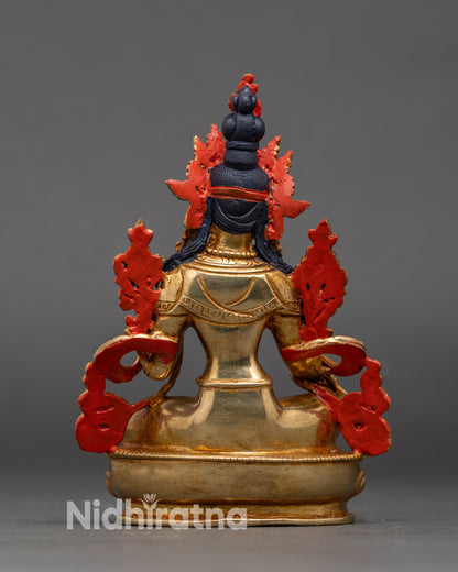 Side view of Green Tara statue, gold fire-gilded copper for meditation or altar decor