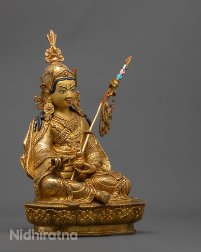 Guru Rinpoche Statue showing intricate copper detailing and hollow chamber for mantra placement, traditional Nepalese craftsmanship.