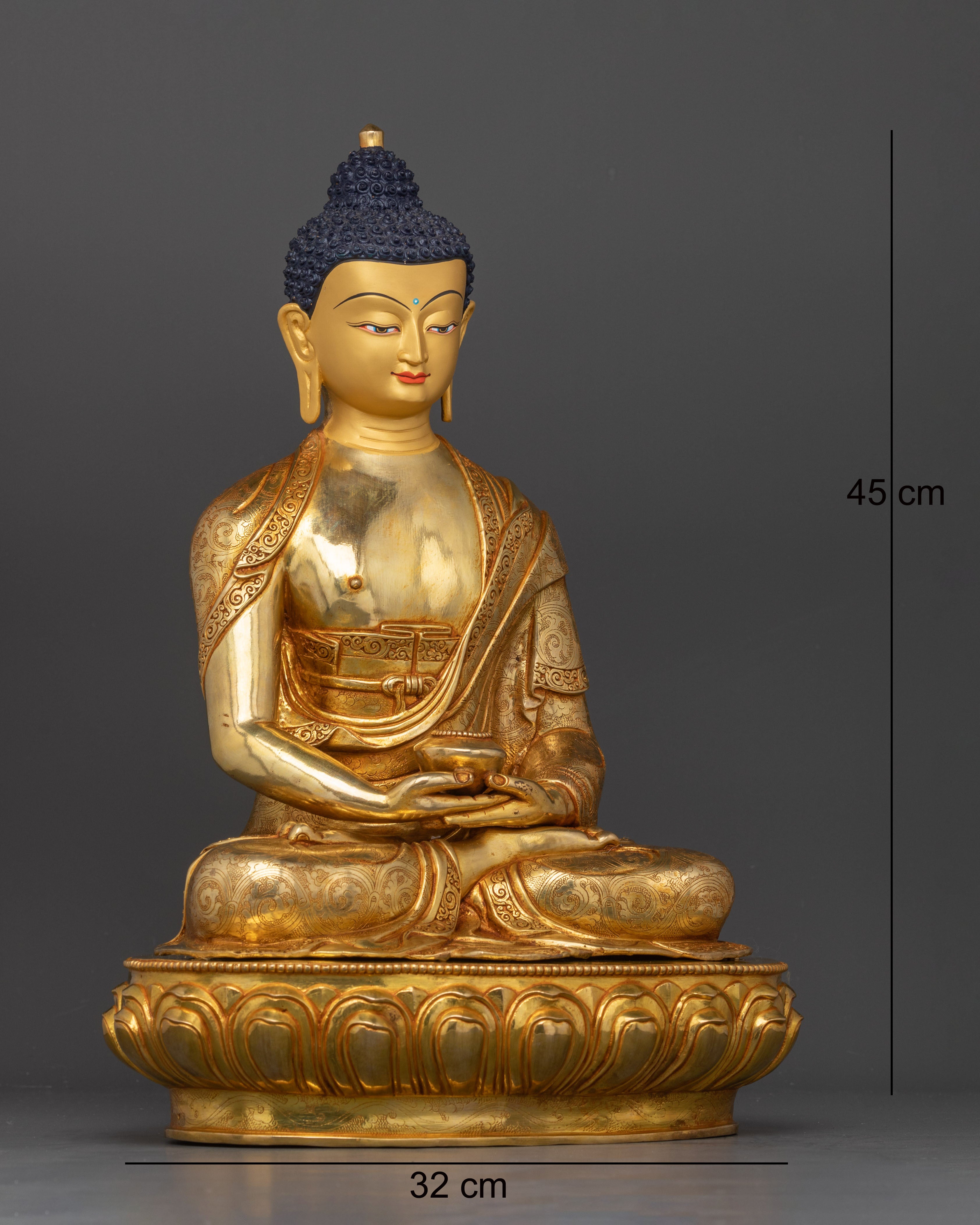 Side view of Himalayan Amitabha Buddha statue, 24K gold painted serene meditation pose