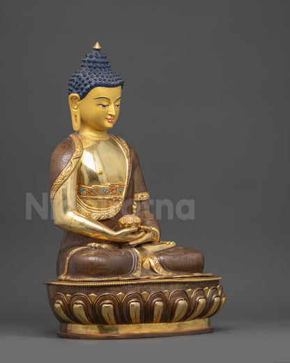 Side view of Himalayan Amitabha Buddha statue highlighting copper craftsmanship and acrylic painting details