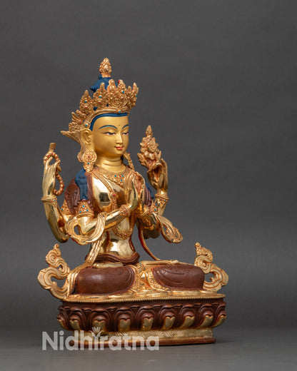 Side view of Himalayan Chenrezig sculpture, handcrafted by Newari artisan from Patan