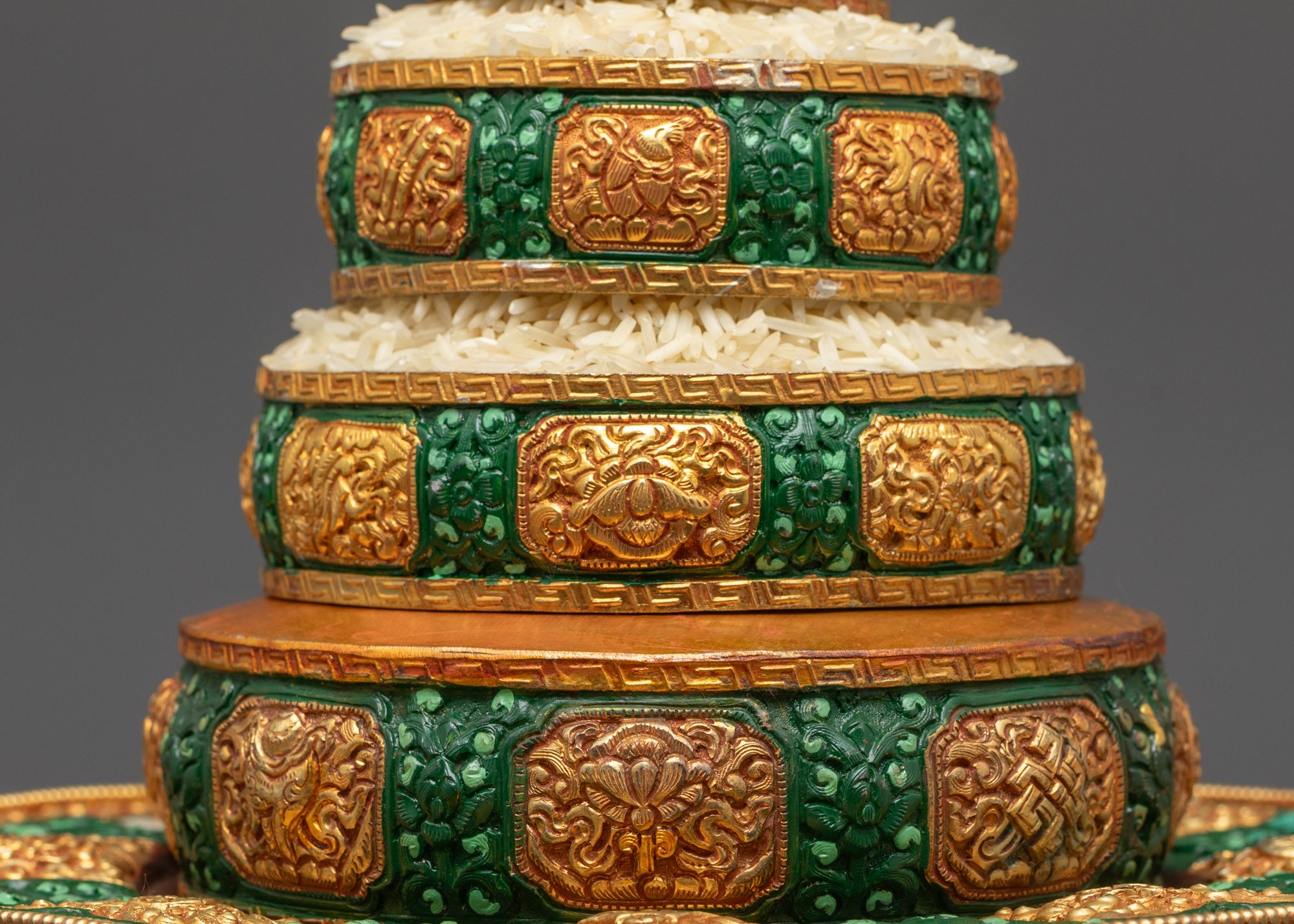 Side view of Himalayan Mandala crafted with gold-plated copper