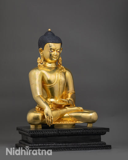 Side view handcrafted Shakyamuni Buddha sculpture, enlightenment mudra display