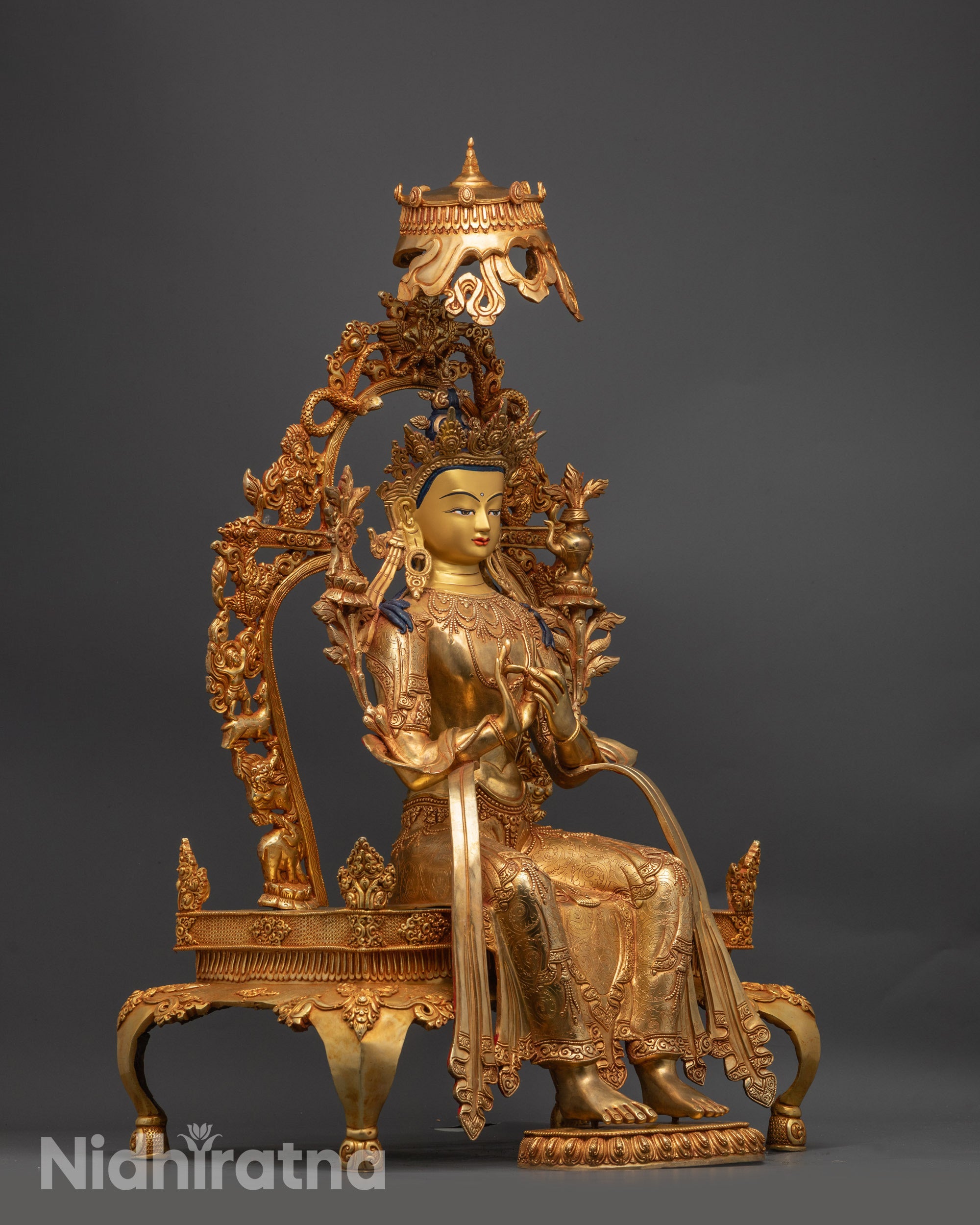 Side view of Indoor Maitreya Buddha Statue highlighting radiant halo and lotus seat