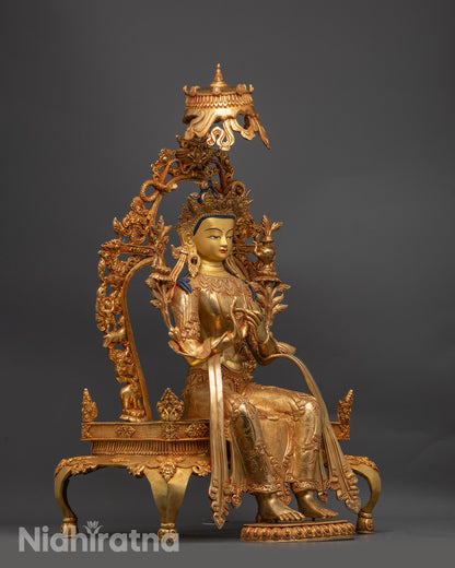 Side view of Indoor Maitreya Buddha Statue highlighting radiant halo and lotus seat