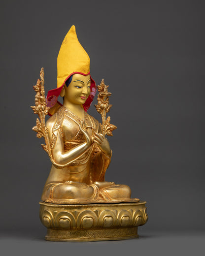 Side view of Je Tsongkhapa statue showcasing detailed monastic robes, gold-gilded copper body, and lotus throne.