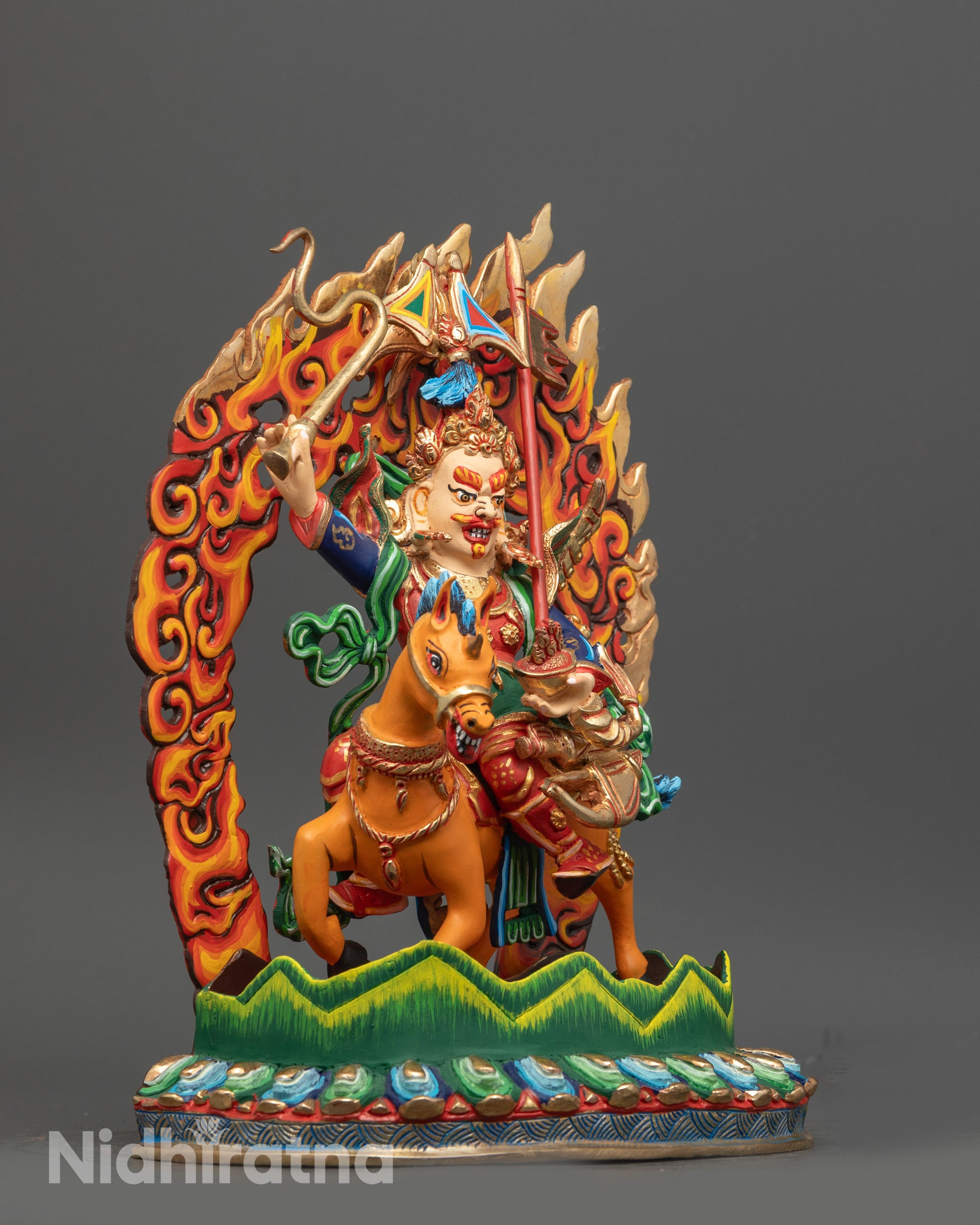 Side view of King Gesar statue highlighting warrior posture and craftsmanship details