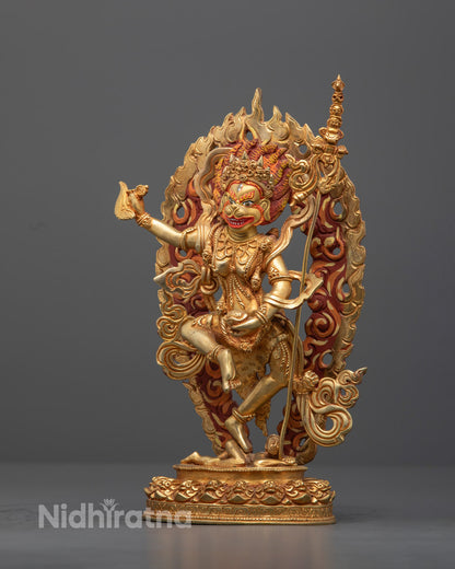 Side view of Lion-Faced Dakini statue, hand-painted accents, crafted using lost-wax method