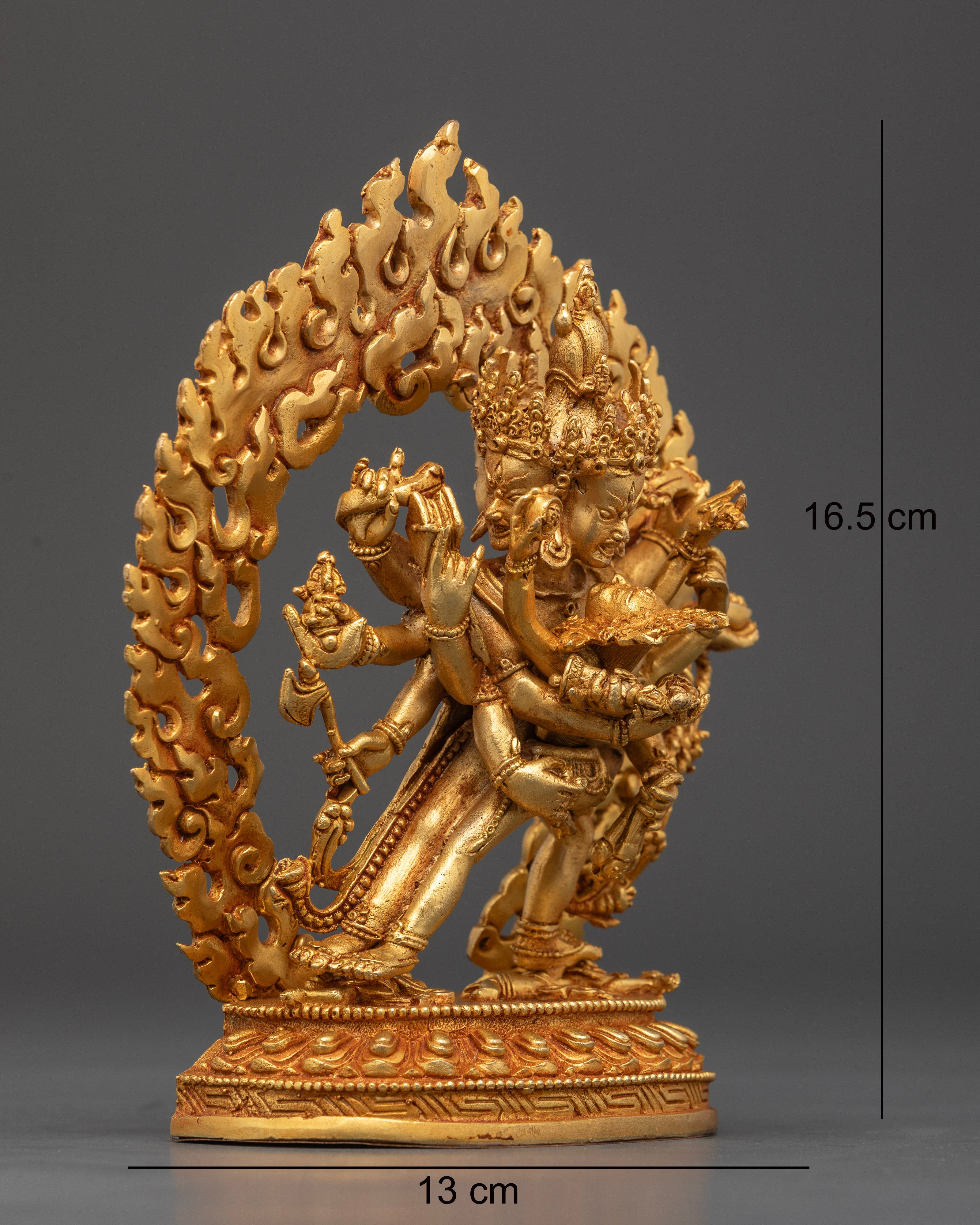 Side view of Mahakala Bernagchen deity figurine, detailed Electroplated 24K gold Himalayan artwork