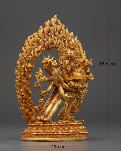 Side view of Mahakala Bernagchen deity figurine, detailed Electroplated 24K gold Himalayan artwork