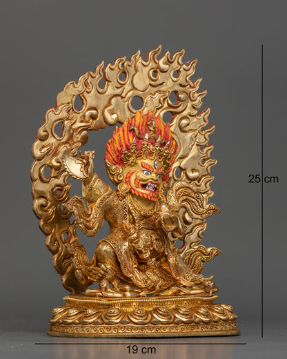 Side view of Mahakala Bernagchen triumphing over crushed evil entities, sacred Nepalese sculpture