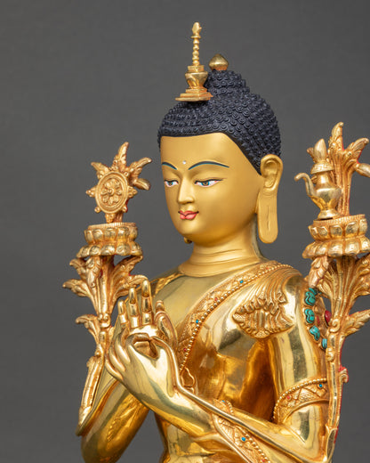 Side view of Maitreya Buddha figurine showing lotus pedestal and Dharmachakra Mudra