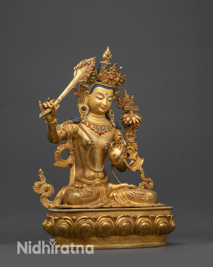 Side view of Manjushri Bodhisattva holding utpala flower in Abhay Mudra
