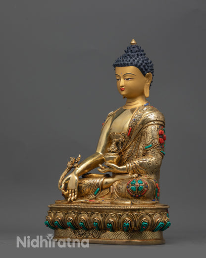 Side view of Medicine Buddha sculpture highlighting lotus position and dhyana mudra