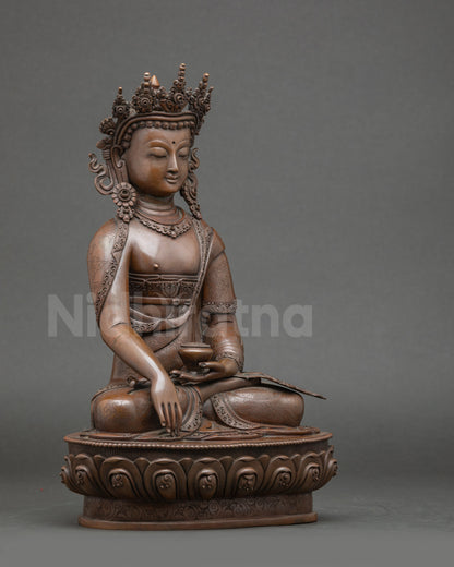 Side view of Mitrugpa Akshobhya Buddha figurine, copper lost-wax sculpture from Nepal