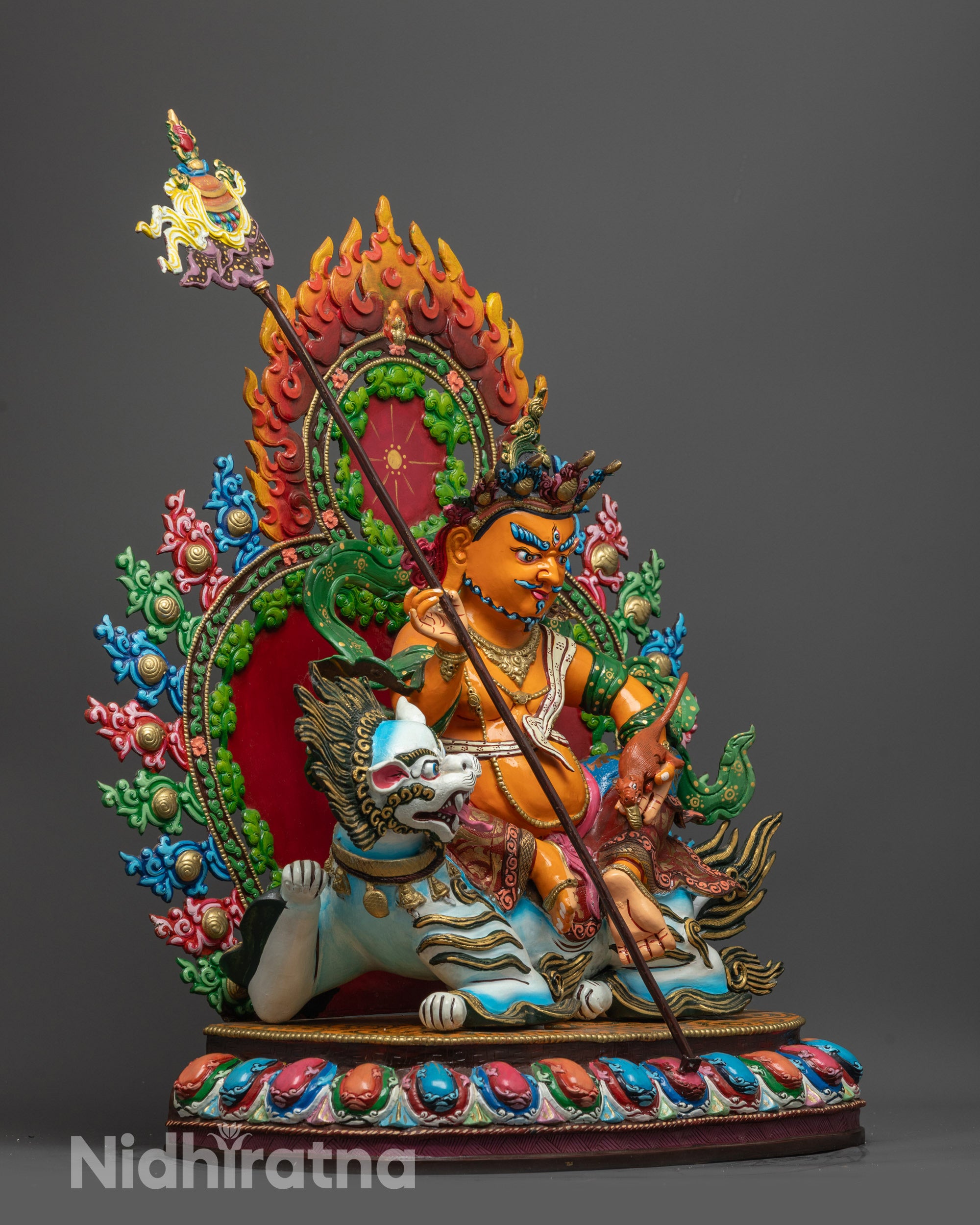 Side view of Namtoshe Statue highlighting flowing robe and radiant hand-carved halo