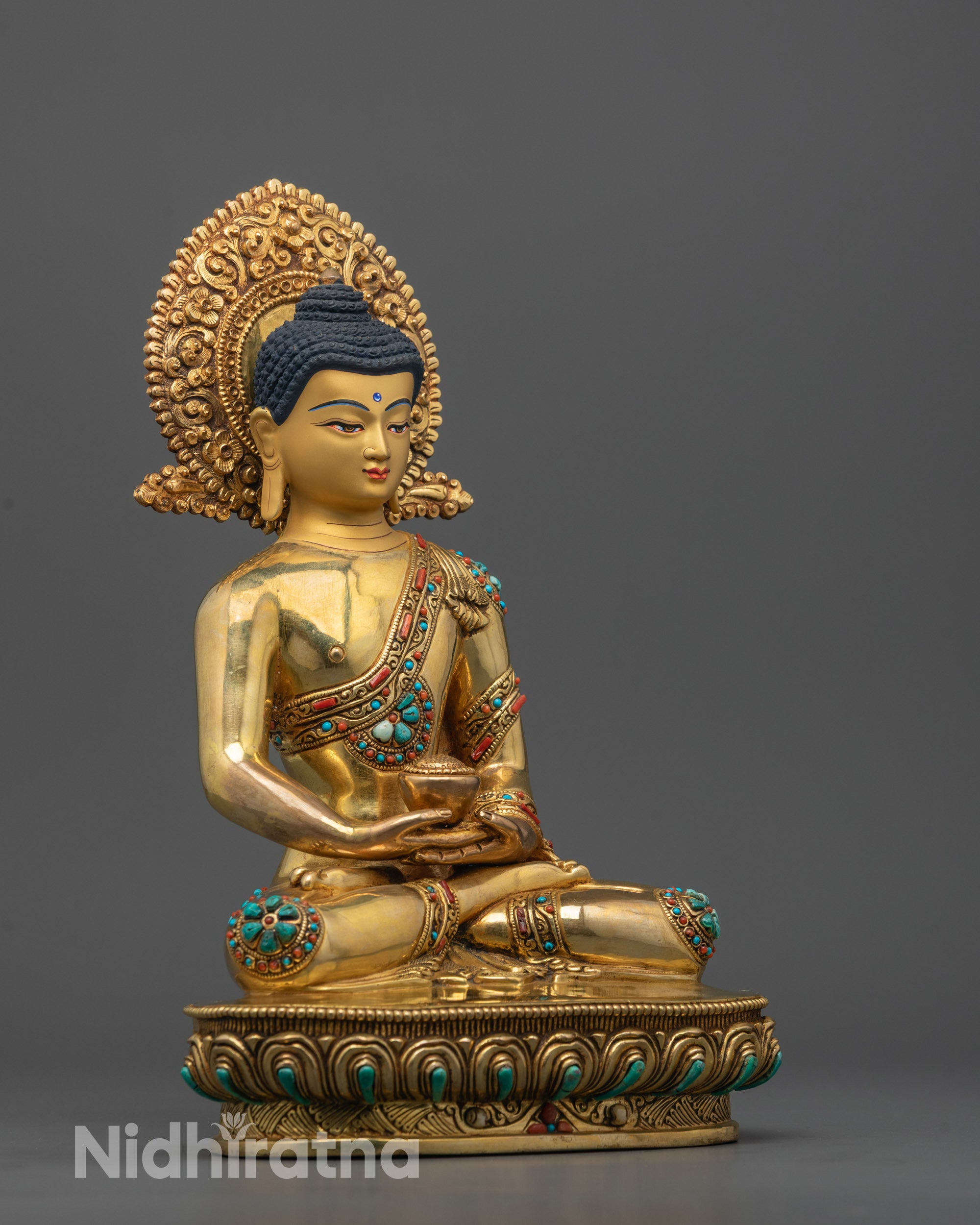 Side view of Nepalese Amitabha Buddha Statue showcasing intricate details