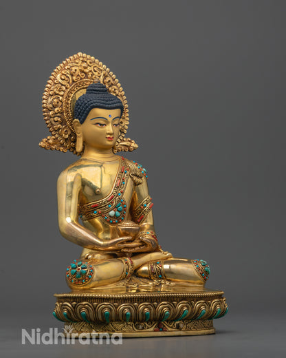 Side view of Nepalese Amitabha Buddha Statue showcasing intricate details