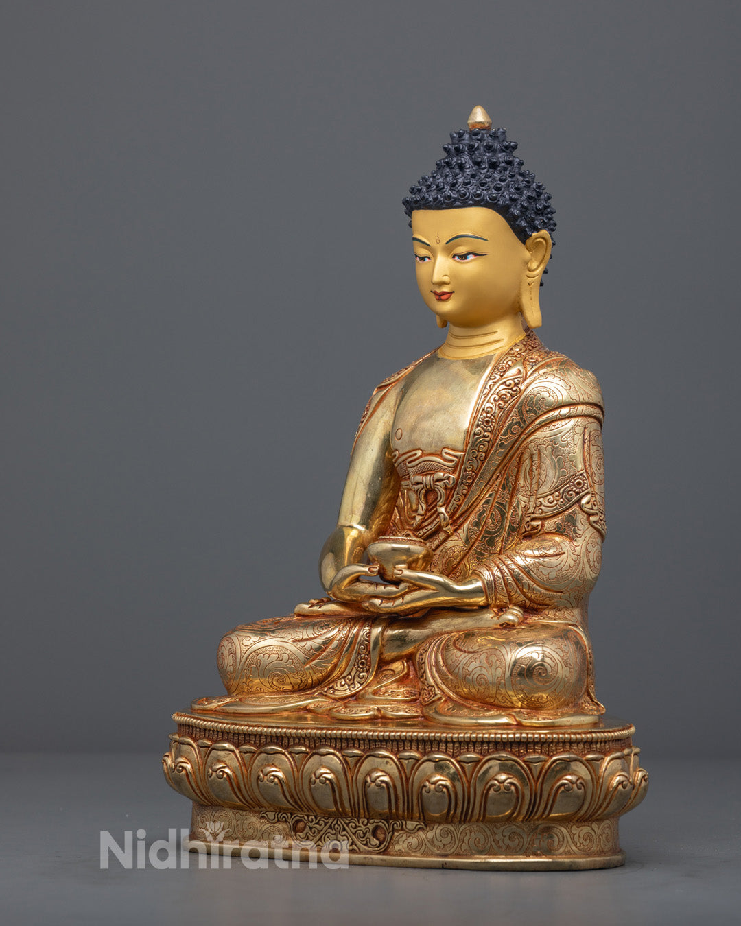 Side view of Nepalese Amitabha Buddha Statue showing intricate craftsmanship and traditional lost wax method