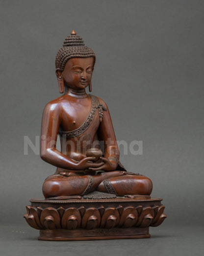 Side view of Nepalese Amitabha Buddha statue seated on lotus throne for meditation