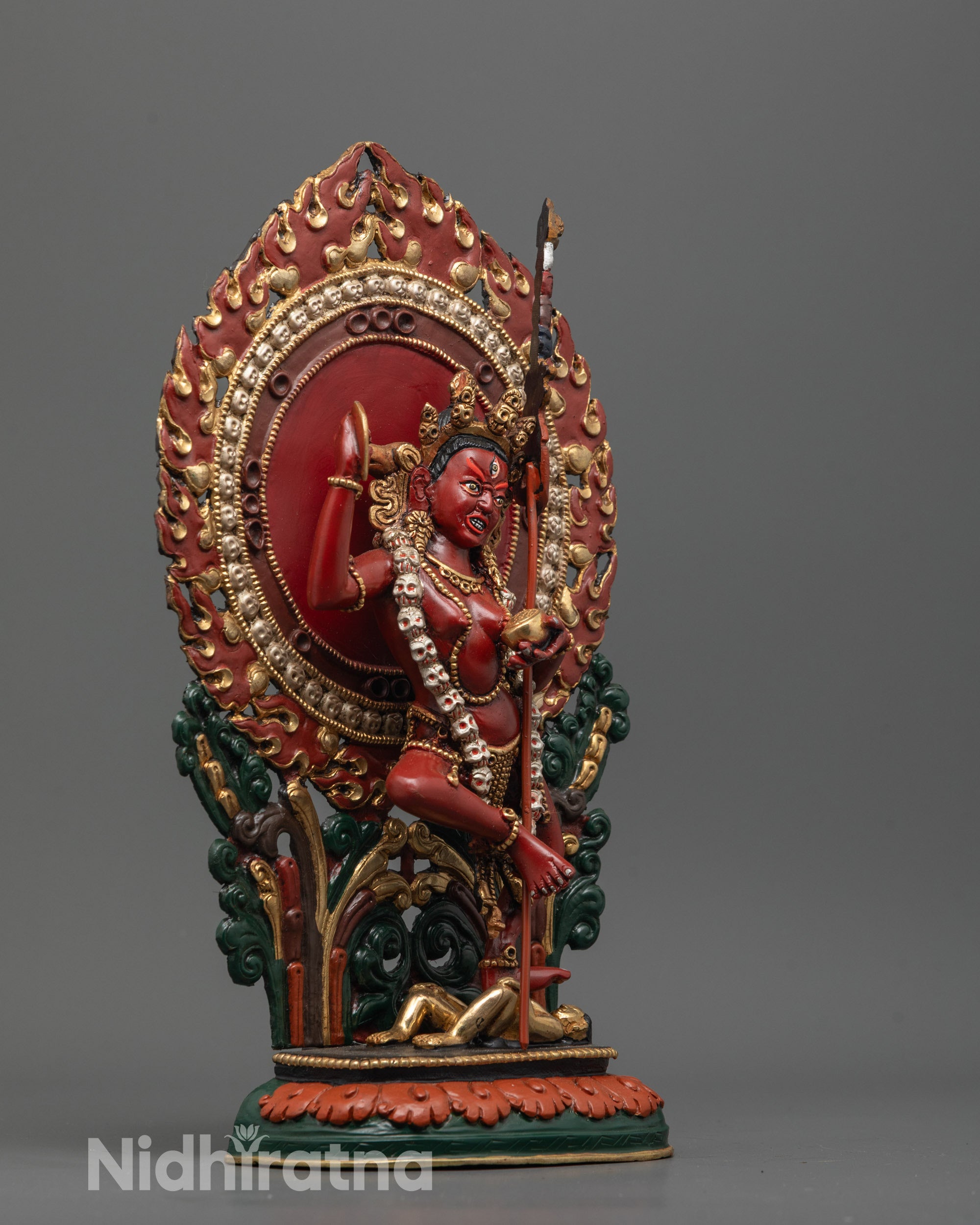 Side view of Nepalese Artisan-Crafted Dorje Phagmo Statue with Fierce Halo