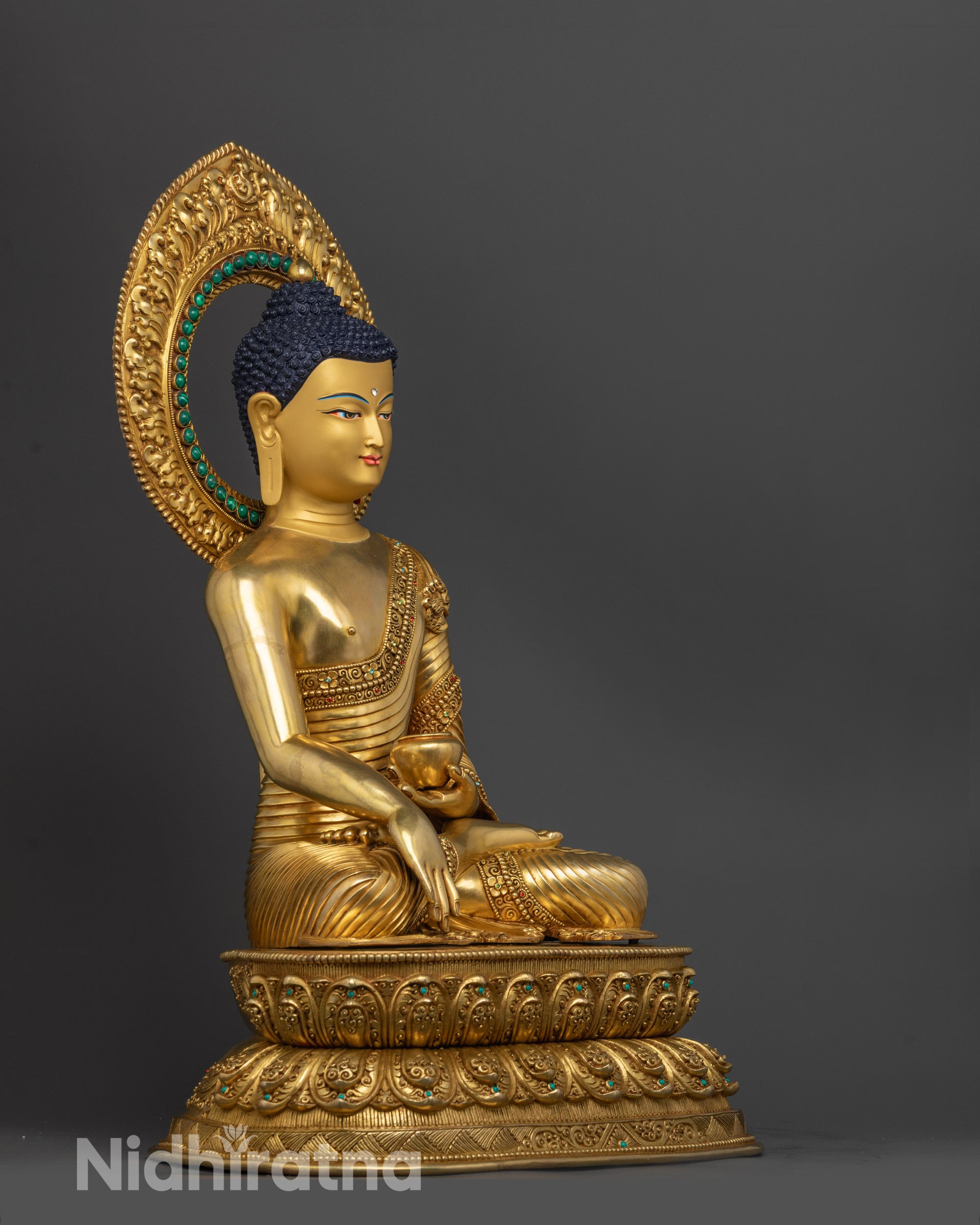 Side view of Nepalese Artisan-Made Shakyamuni Buddha with Radiant Halo
