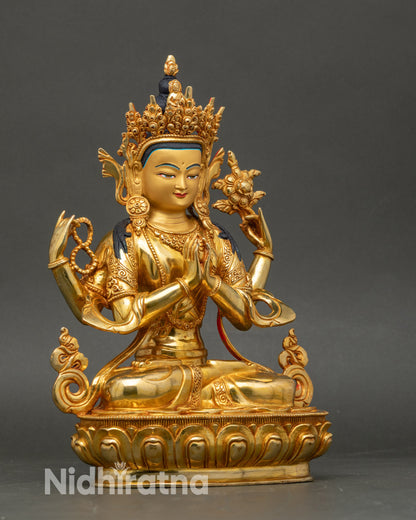 Side view of Nepalese Buddhist Chenrezig statue, hand-crafted lost-wax copper sculpture