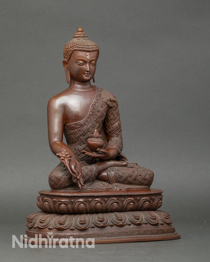 Side view of Nepalese Healing Buddha statue holding healing nectar and myrobalan plant