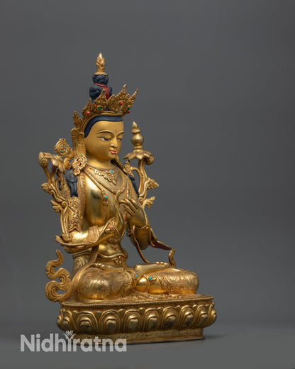Side view of Nepalese Maitreya Buddha holding utpala flower with Dharma Wheel and Kalasha
