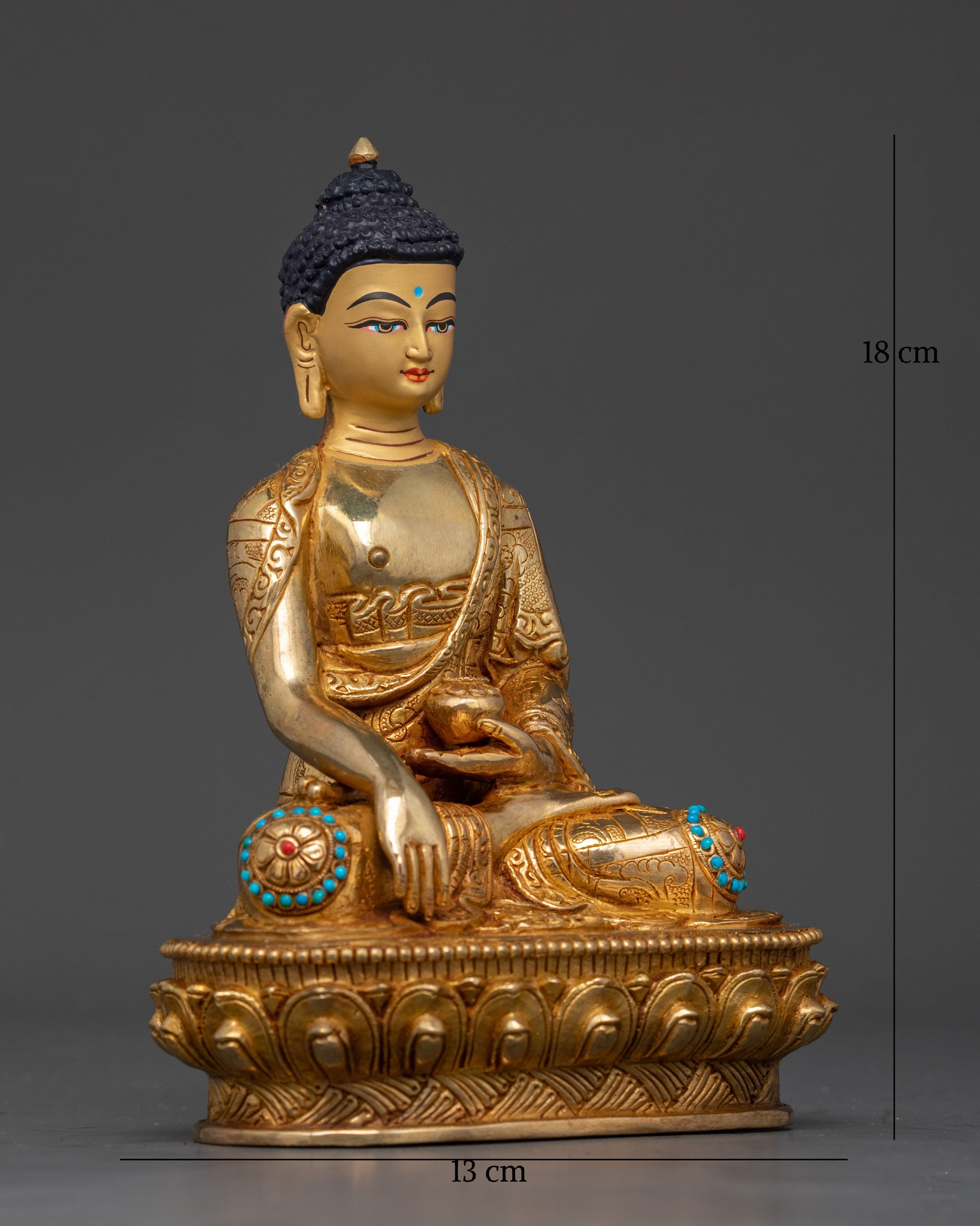Side view of Nepalese Sakyamuni Buddha sculpture holding begging bowl in meditation pose