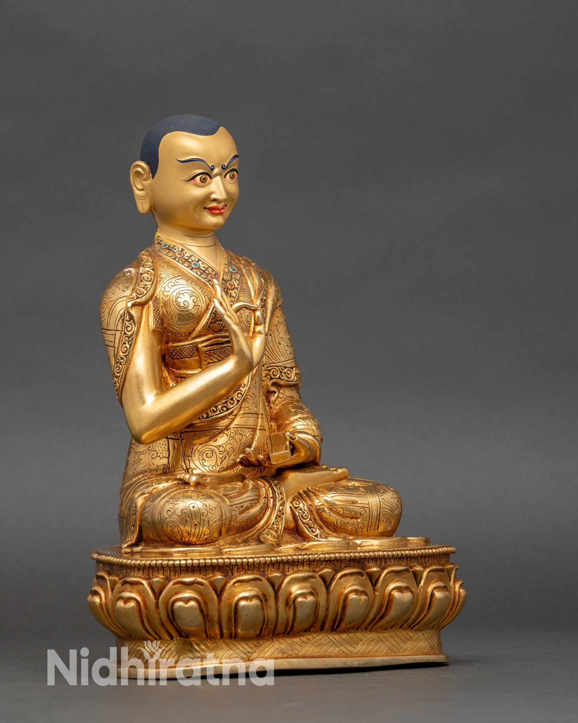 Side view of Nepalese Tsong Khapa altar statue set for meditation and devotional practice