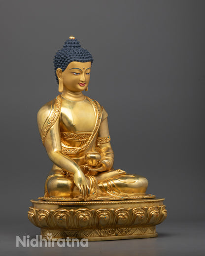 Side view of Nepalese artisan crafting Shakyamuni Buddha statue using traditional method