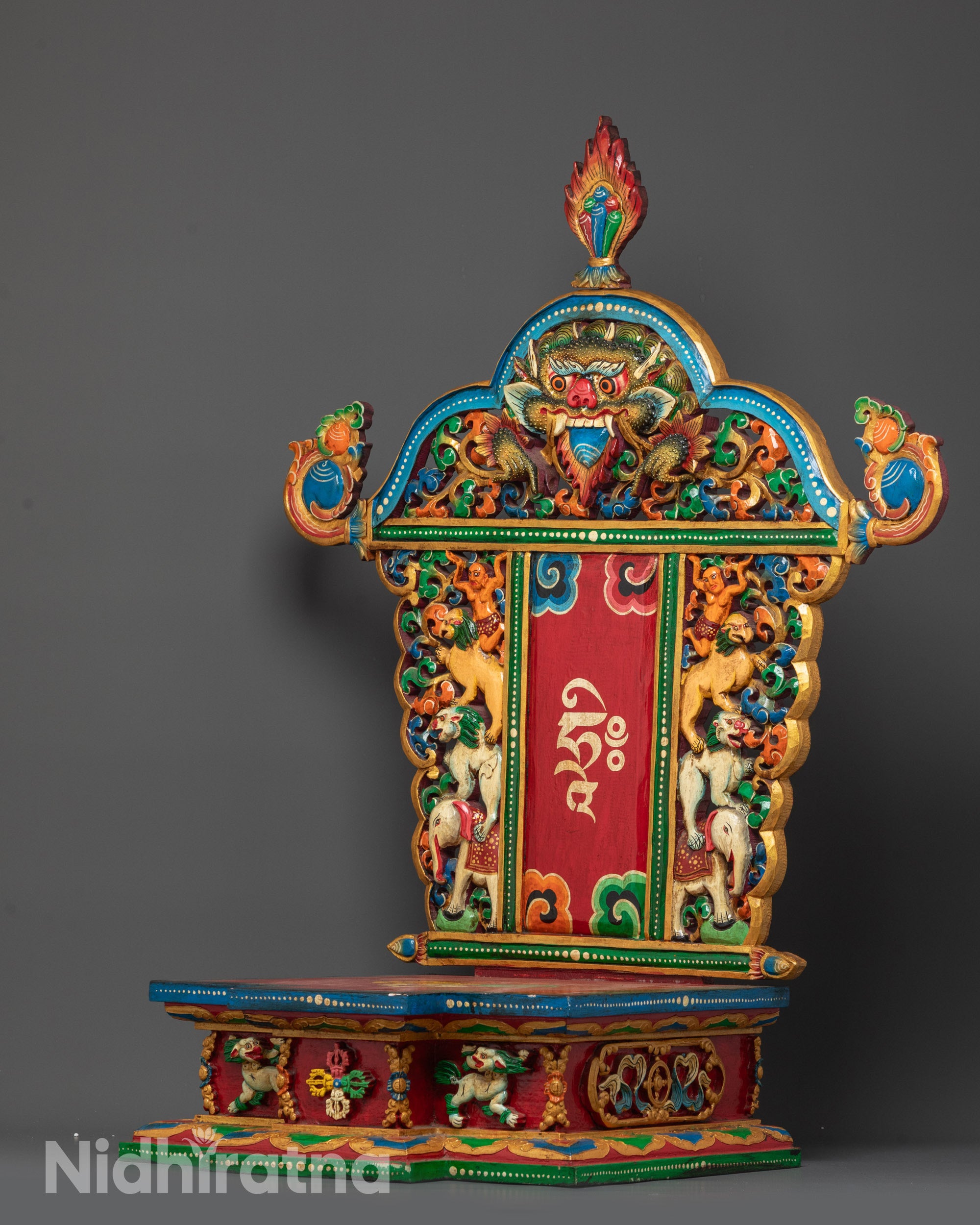 Side view of Nepalese wooden Buddhist throne for deity statues in shrines
