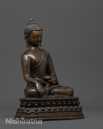 Side view of Oxidized Gautama Buddha Statue displaying oxidized copper and carved robe