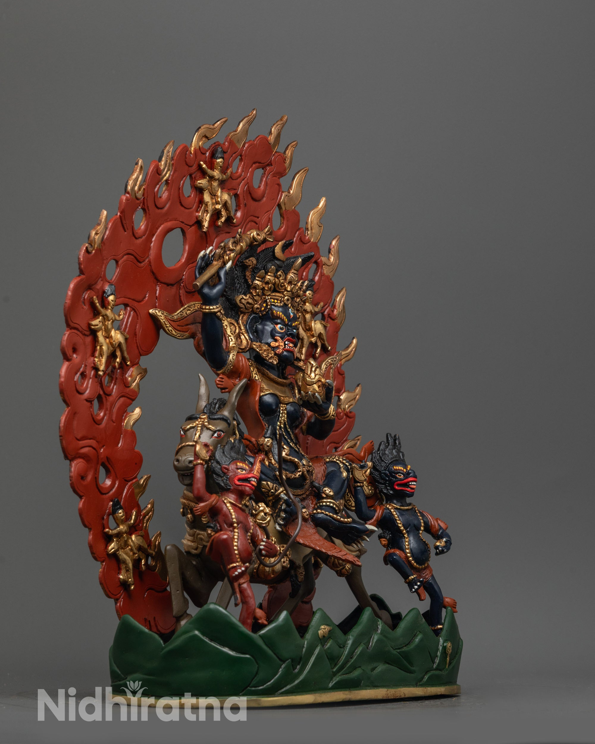 Side view of Palden Lhamo on mule with blazing halo and accompanying dakinis