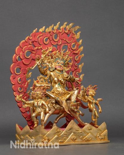 Side view of Palden Lhamo with attendants, kapala and ritual knife, lost-wax sculpture