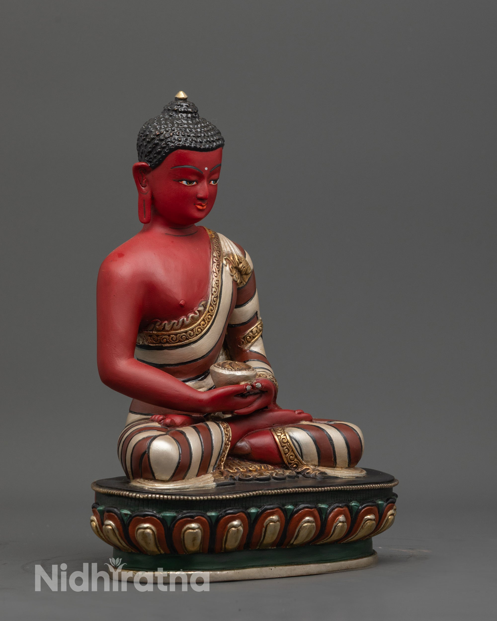 Side view of Red Amitabha Buddha Statue holding monk’s bowl in Dhyana mudra