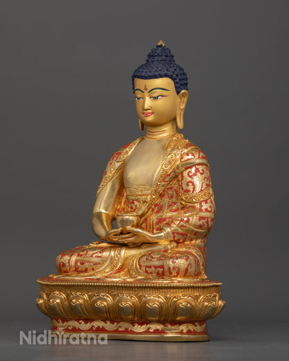 Side view of Red Amitabha Buddha statue on lotus throne, Himalayan meditation statue