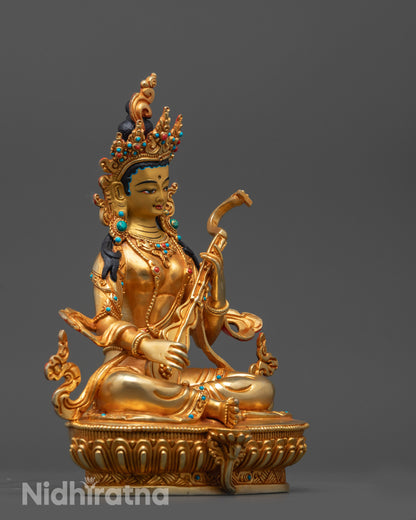 Side view of Saraswati Statue handcrafted copper base with detailed artistry