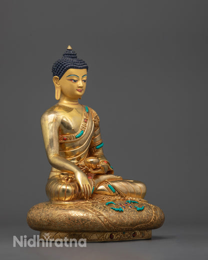 Side view of Seated Shakyamuni Buddha in bhumisparsha mudra holding a monk’s bowl